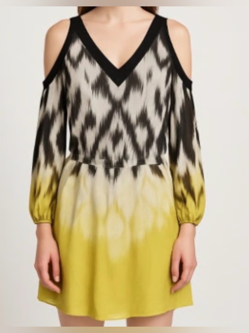 Leifsdottir Silk Cold Shoulder Blouson Dress Black, Green, White Ikat Print 0